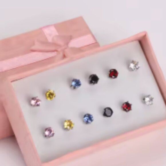 NEW SET OF 6 Multi Color Faceted Solitaire Cut Stone STAINLESS STEEL Earrings - Picture 7 of 7